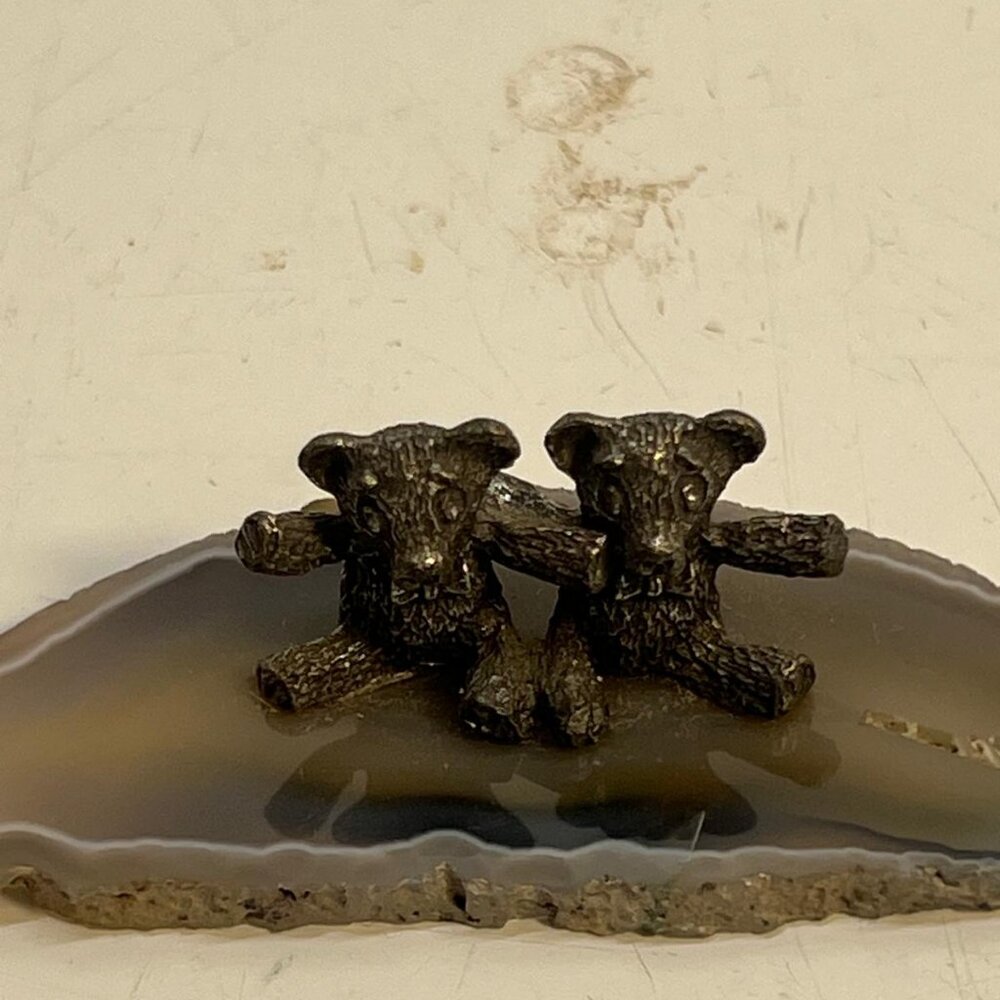 Vintage Pewter Black Teddy Bear Figurines on Agate Slice Base Mini 2" Decor - Picture 1 of 2